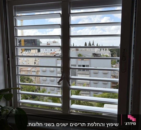 חלון עם תריסים ונוף עירוני ברקע